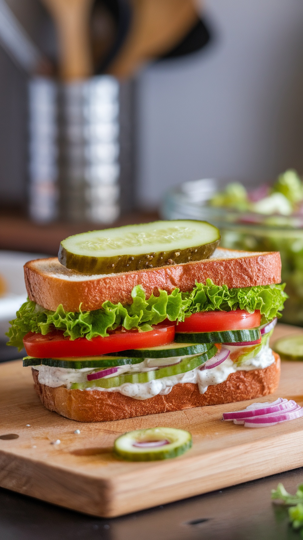 A colorful Garlic Dill Pickle Veggie Sandwich with lettuce, tomatoes, cucumbers, and a slice of pickle on top.