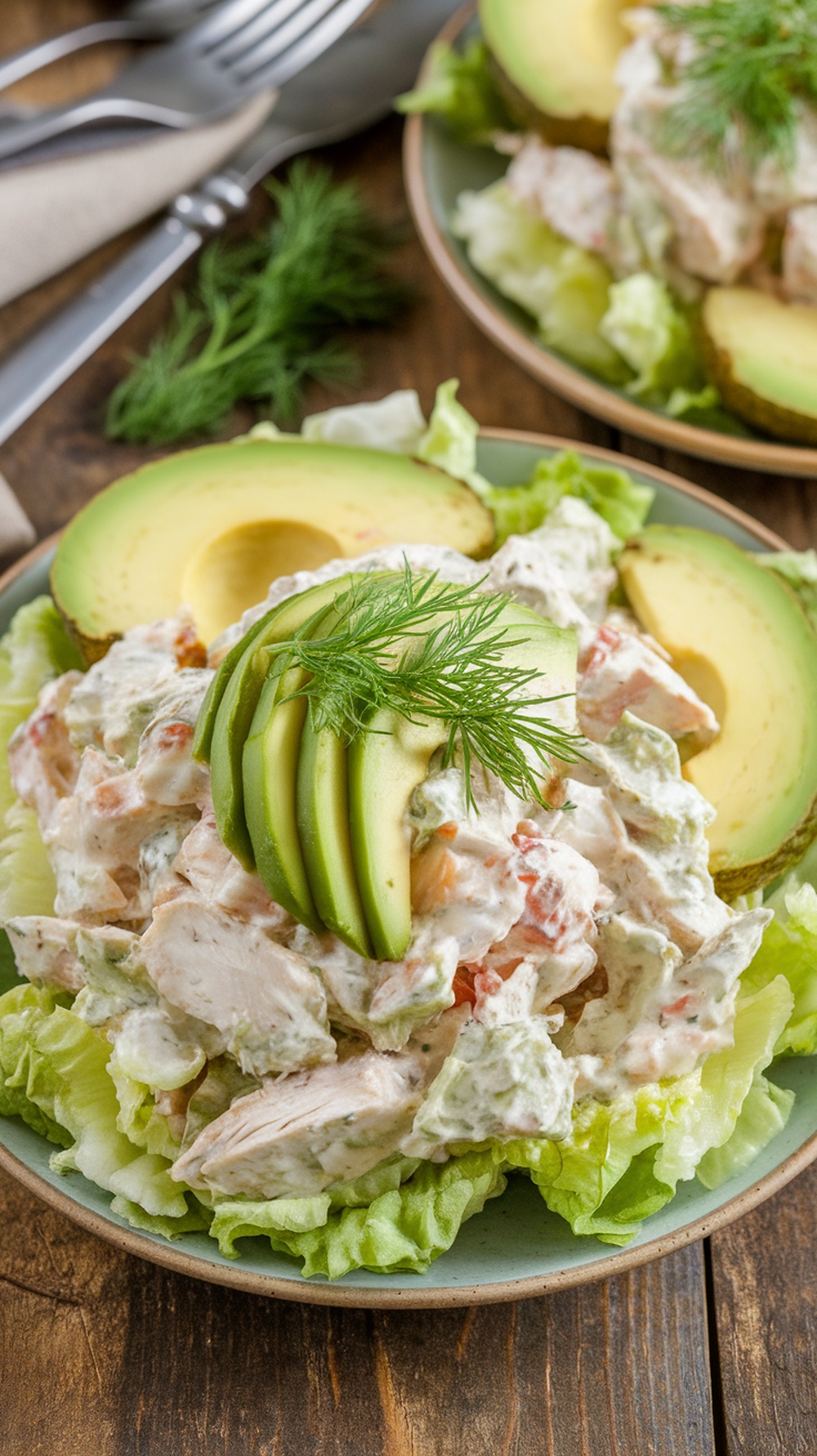 Creamy avocado dill pickle chicken salad served on a plate with lettuce and sliced avocado.