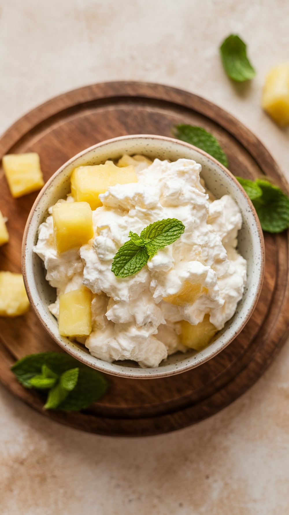 A bowl of cottage cheese topped with pineapple chunks and a mint leaf, placed on a wooden board.