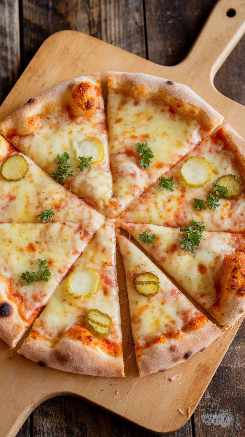Garlic Butter Pickle Pizza with melted cheese and pickles