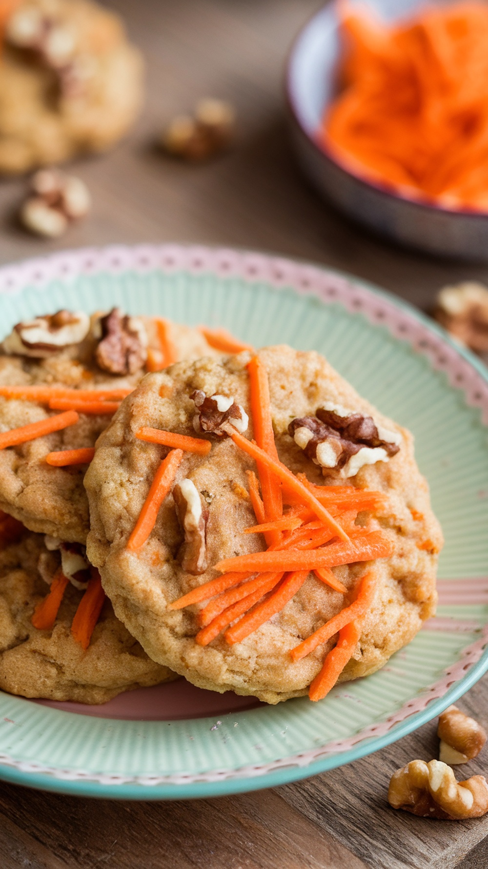 A plate of carrot cake breakfast cookies topped with shredded carrots and walnuts.