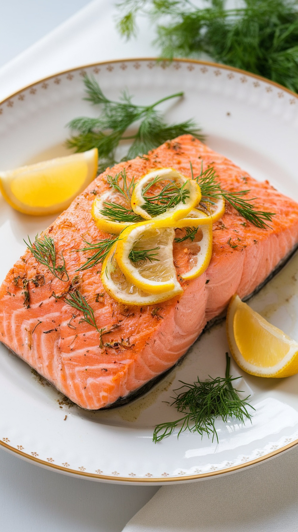 Baked salmon fillet garnished with dill and lemon on a white plate.