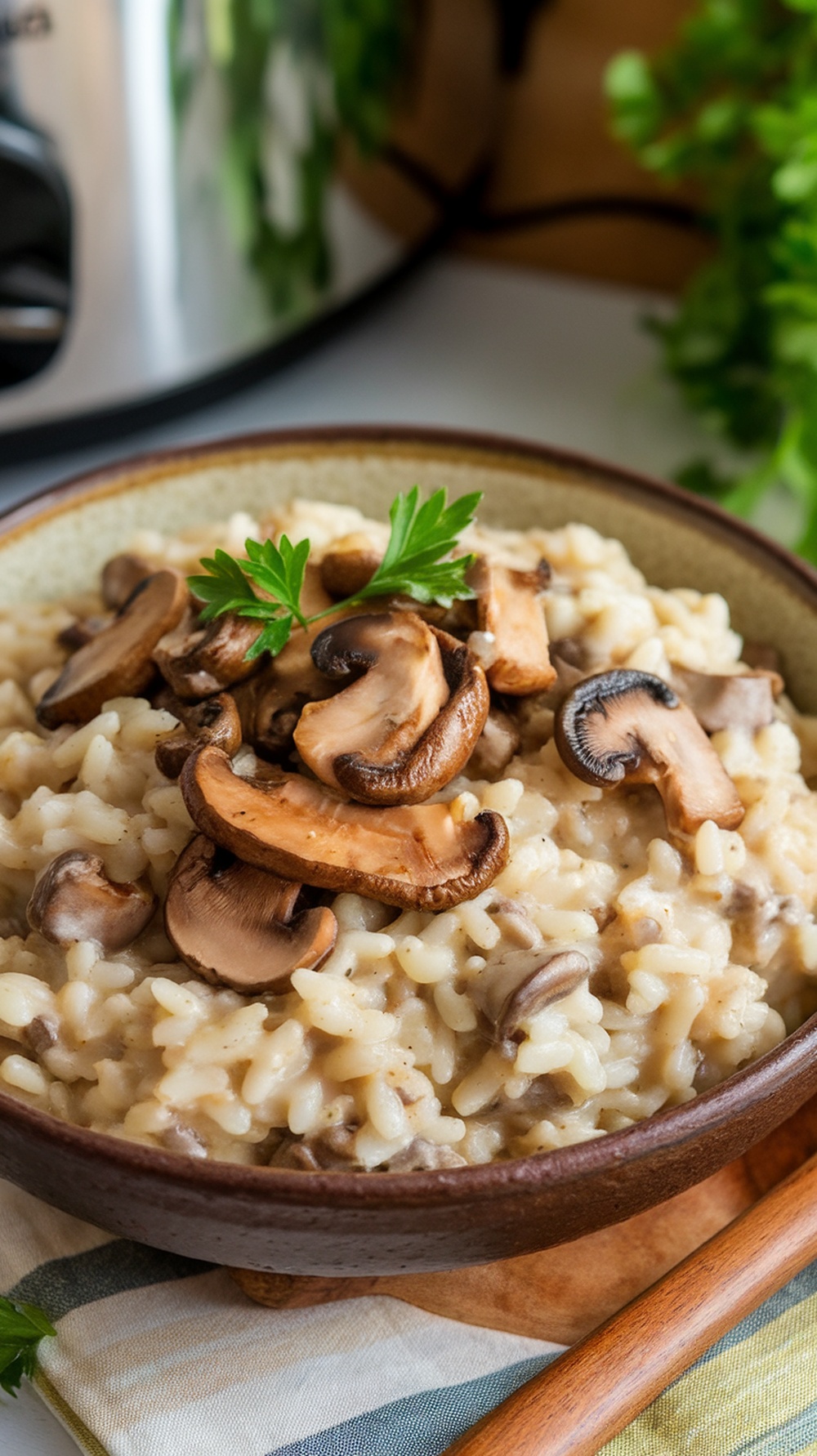A bowl of creamy mushroom risotto with mushrooms and parsley, served with a wooden spoon in a cozy kitchen.