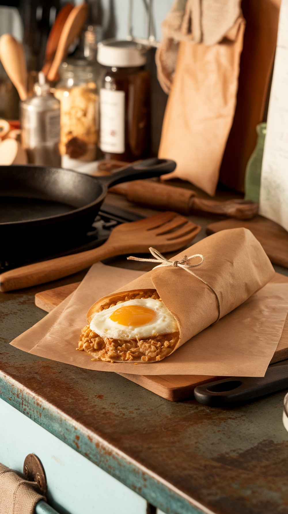 Savory oatmeal and egg burrito wrapped in brown paper, placed on a rustic kitchen countertop.