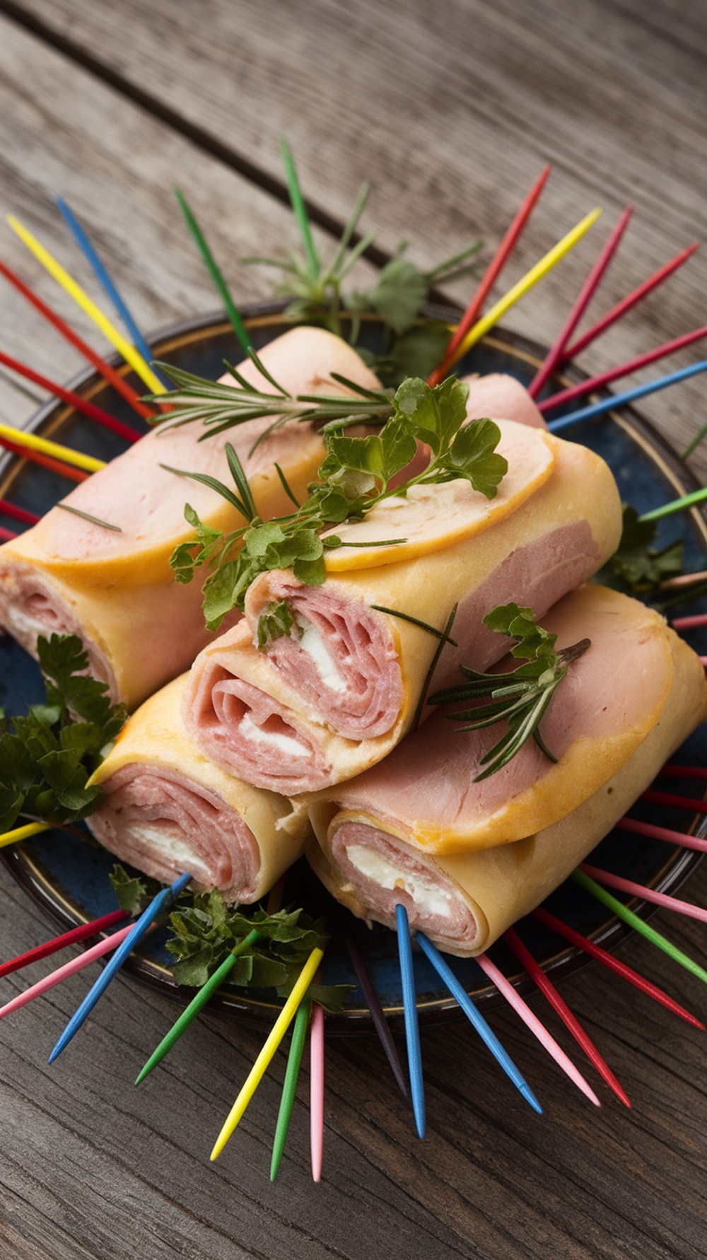 Classic ham and cream cheese roll ups with colorful toothpicks and fresh herbs