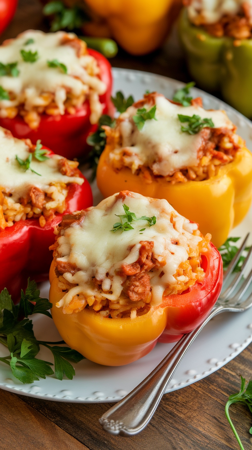 Stuffed bell peppers with turkey and rice filling, topped with cheese, on a rustic wooden table.