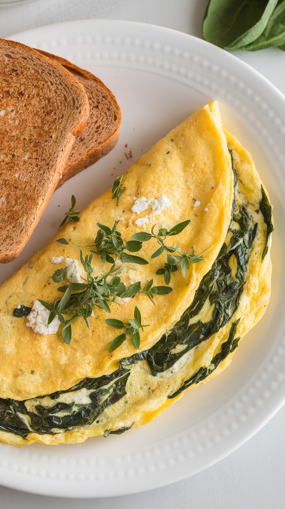 A delicious spinach and feta omelette served with whole-grain toast.