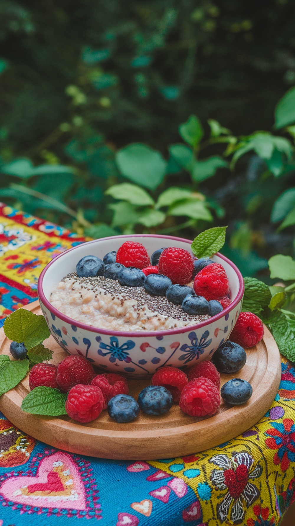 A bowl of Berry Chia Seed Oatmeal topped with fresh blueberries and raspberries, surrounded by more berries and mint leaves on a colorful tablecloth.