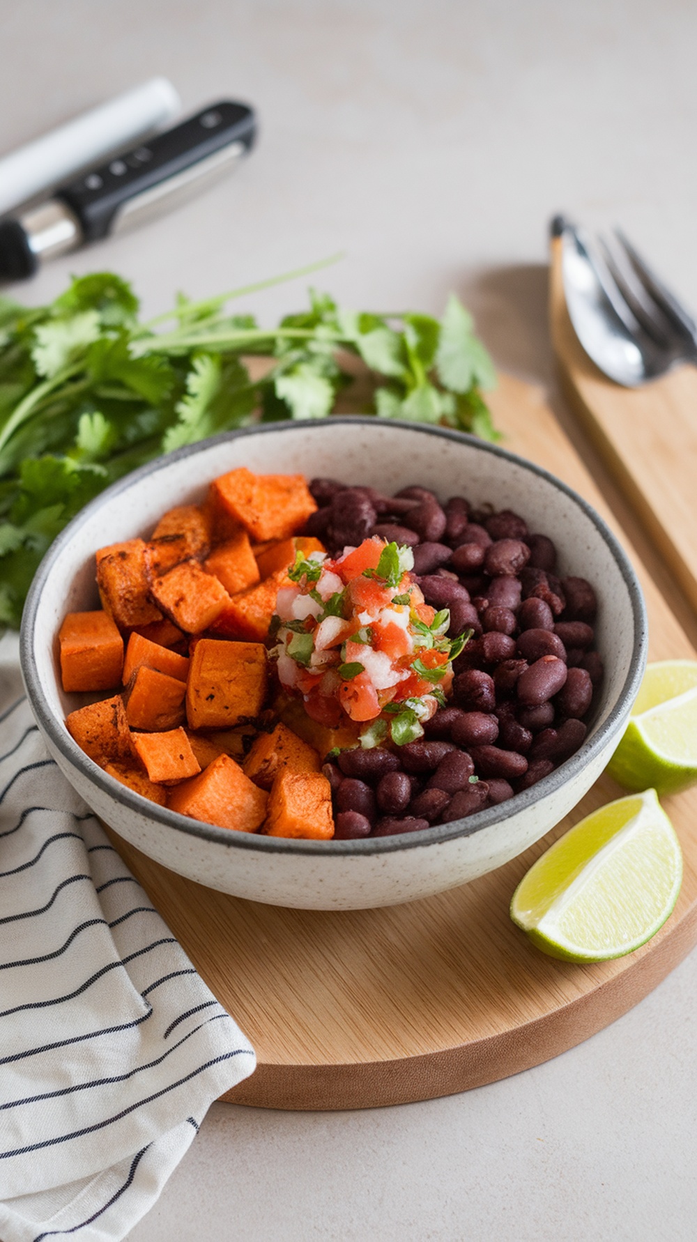 A healthy Sweet Potato and Black Bean Bowl with roasted sweet potatoes, black beans, pico de gallo, and lime wedges.