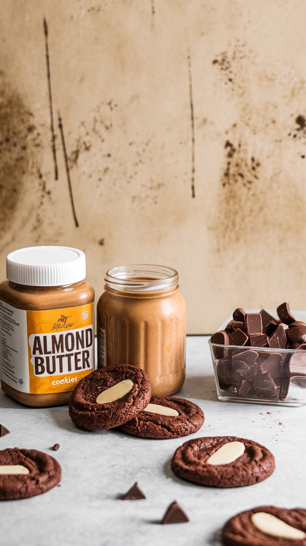 Chocolate almond butter cookies with almond butter jar and chocolate pieces