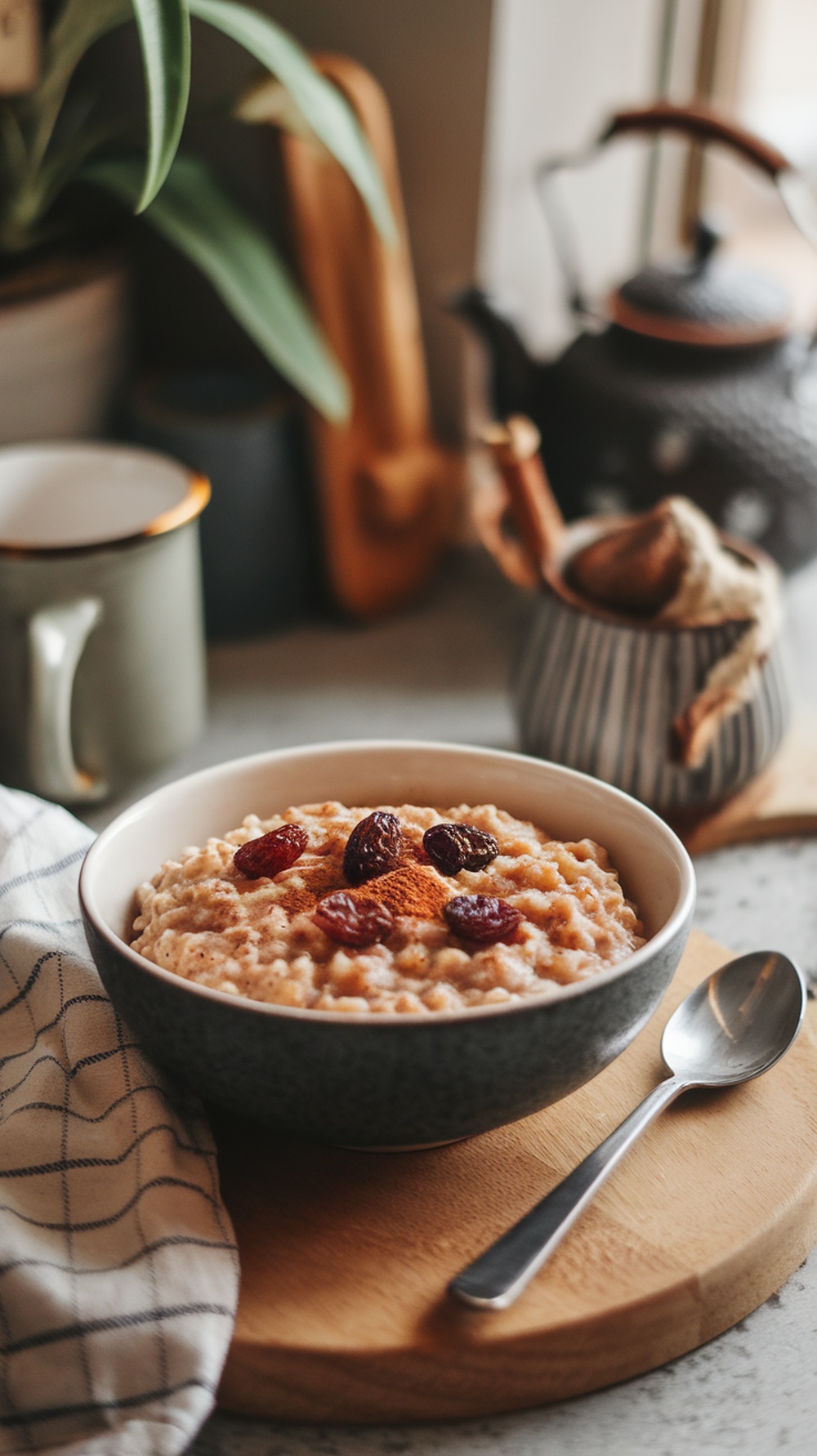 A bowl of cinnamon raisin oatmeal topped with raisins and cinnamon, with a cozy kitchen background.