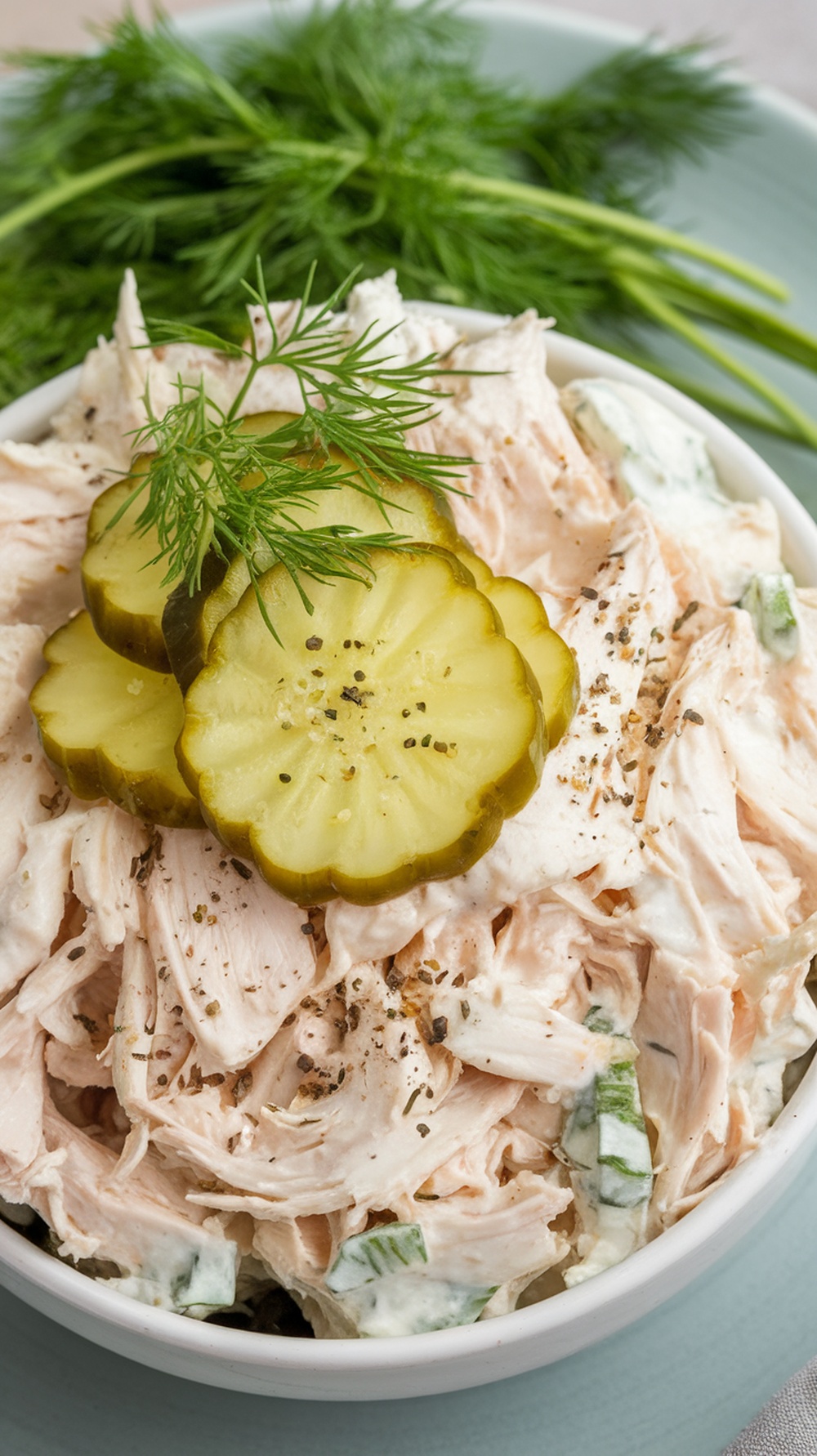 A bowl of classic dill pickle chicken salad topped with dill and pickle slices.