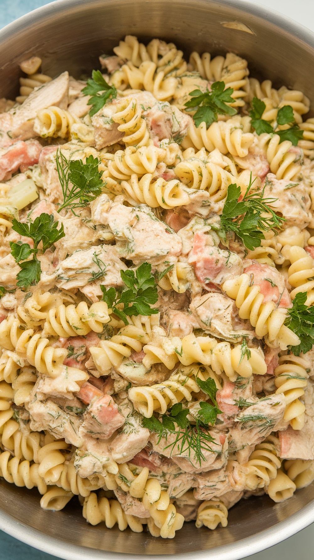 A bowl of Dill Pickle Chicken Salad Pasta with spiral pasta, chicken, and fresh herbs.