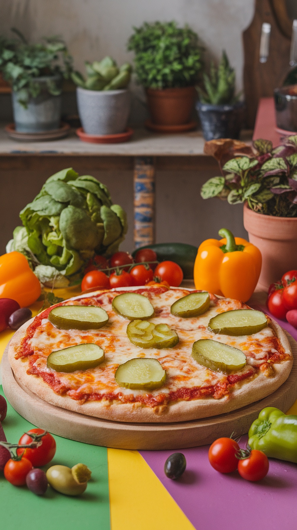 A delicious Cheesy Pickle Veggie Supreme pizza topped with pickles and fresh vegetables.