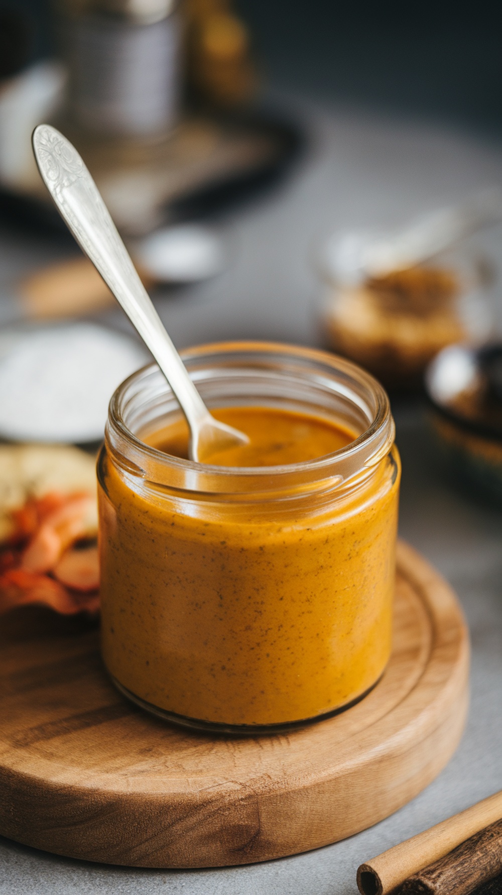 A jar of Bangladeshi Aam Kasundi with a spoon, showcasing its rich golden-orange color.
