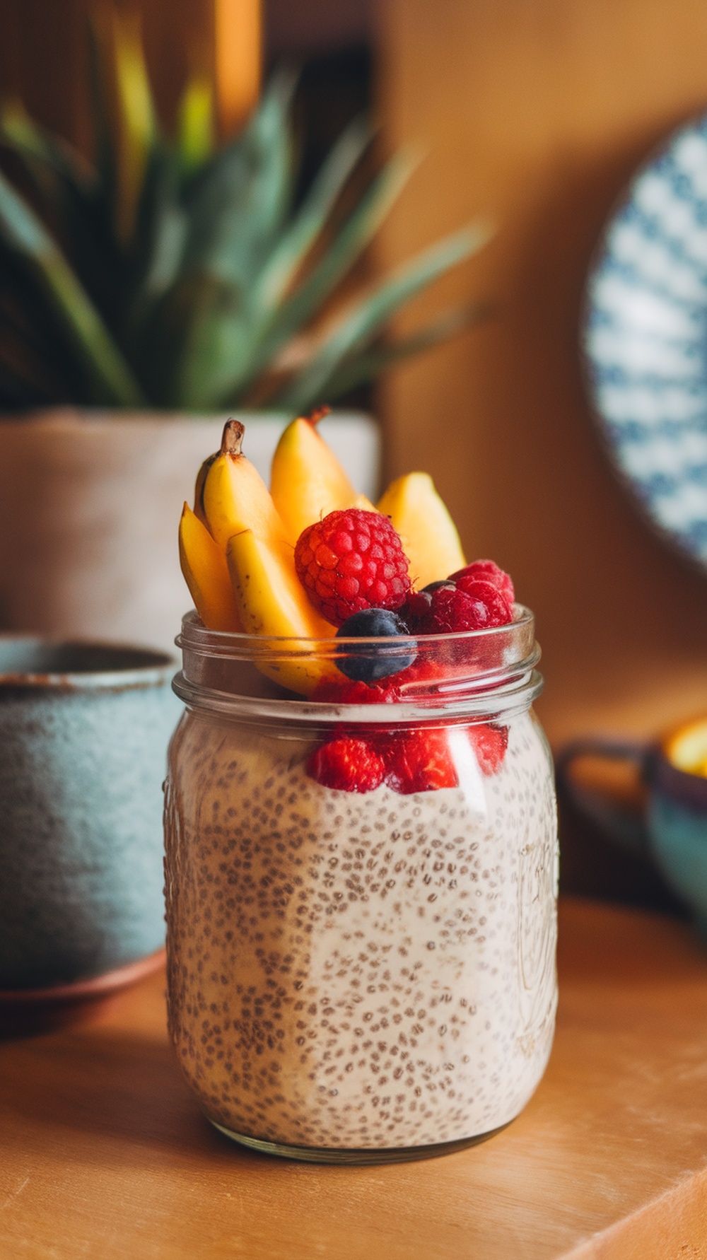 A jar of overnight oats topped with bananas, raspberries, and blueberries.