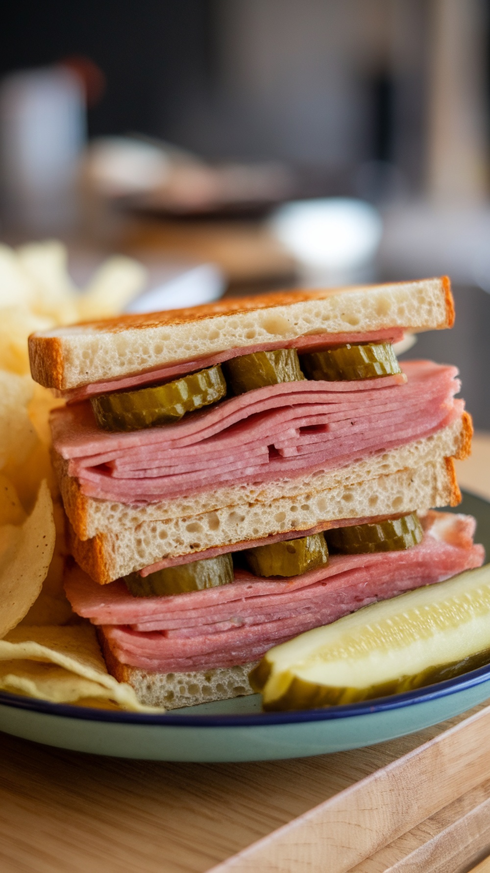 A crispy pickle and ham sandwich stacked with layers of ham and pickles, served with chips.