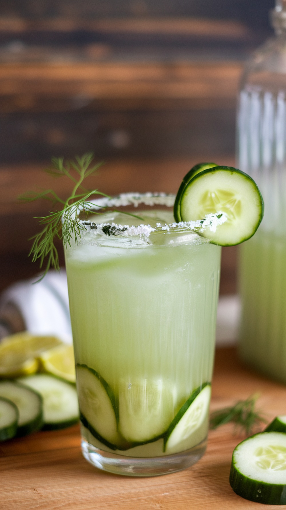 A refreshing Cucumber Dill Pickle Margarita garnished with cucumber slices and a salted rim.