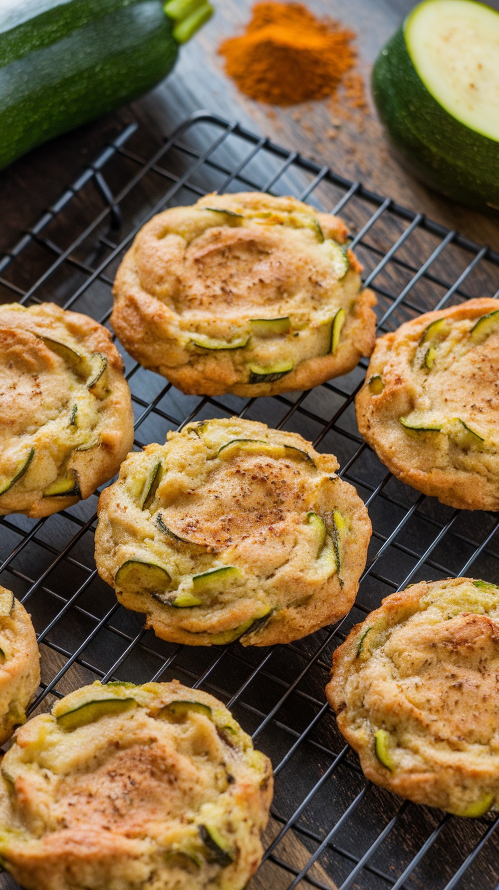 Zucchini bread breakfast cookies cooling on a wire rack with fresh zucchini in the background.