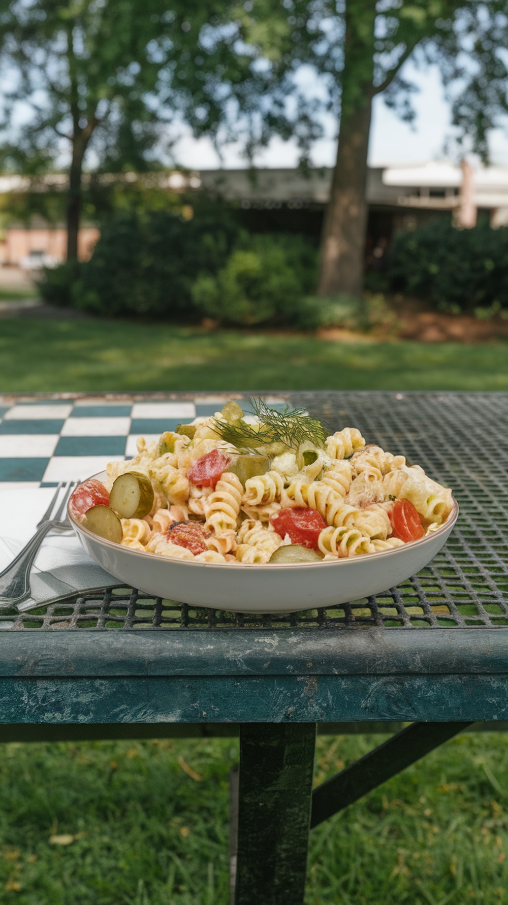 A bowl of tangy dill pickle pasta salad on a checkered table outdoors, featuring rotini pasta, tomatoes, and pickles.