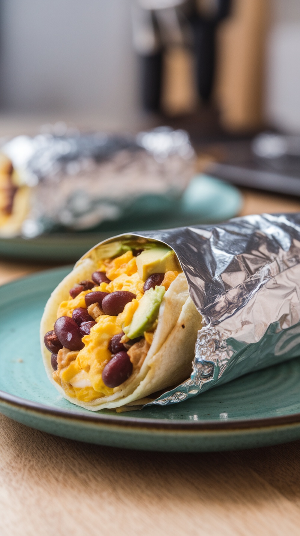 Savory breakfast burrito filled with scrambled eggs, black beans, and avocado on a plate.