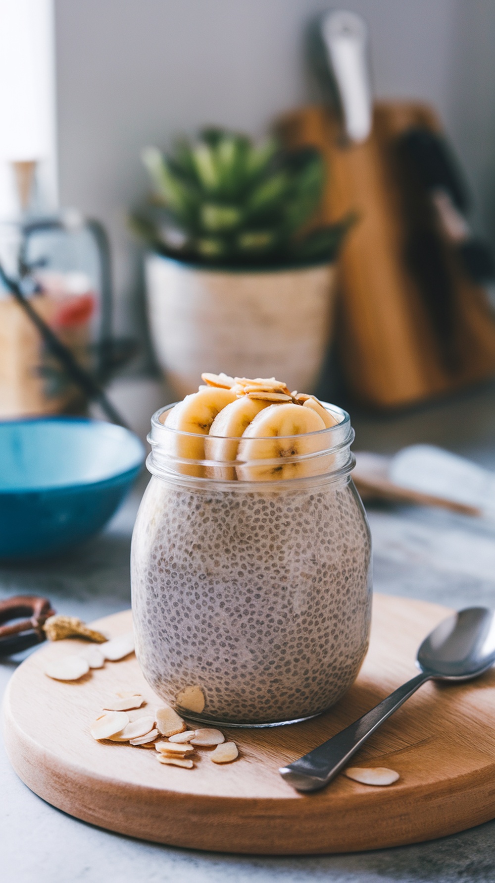 Chia seed pudding in a jar topped with banana slices and almond flakes