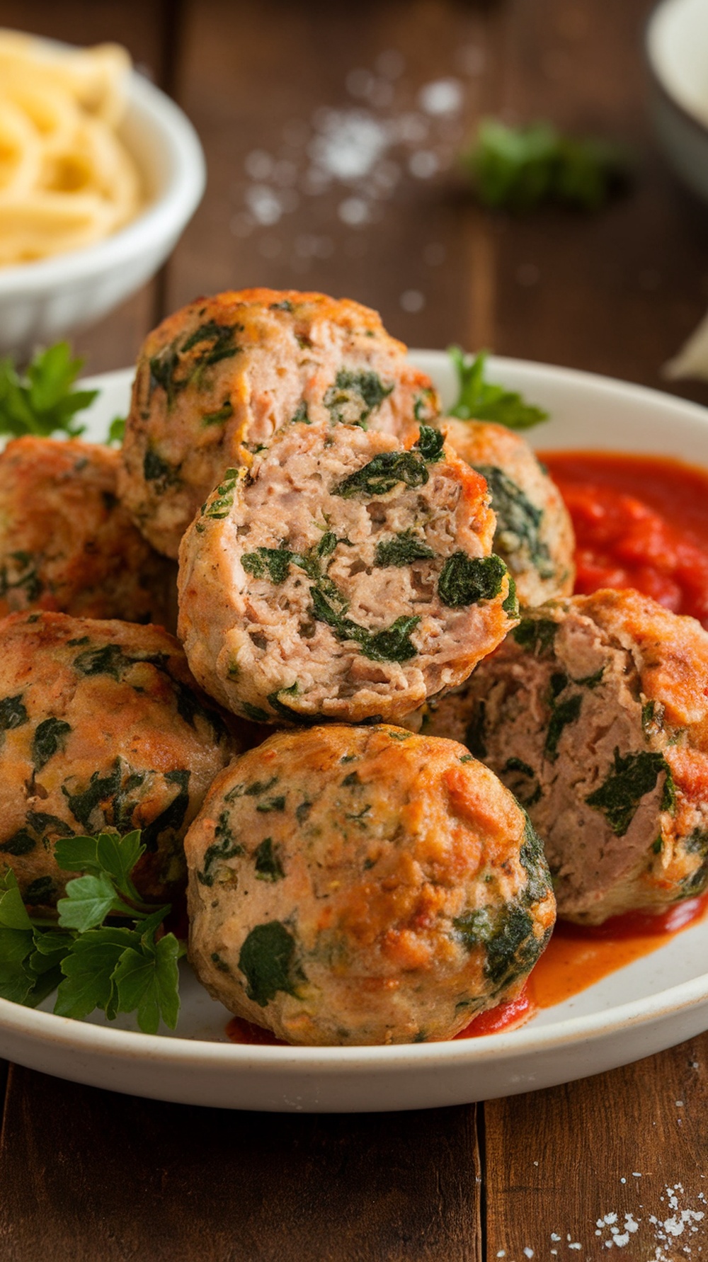 Savory turkey and spinach meatballs on a plate with marinara sauce and parsley garnish.