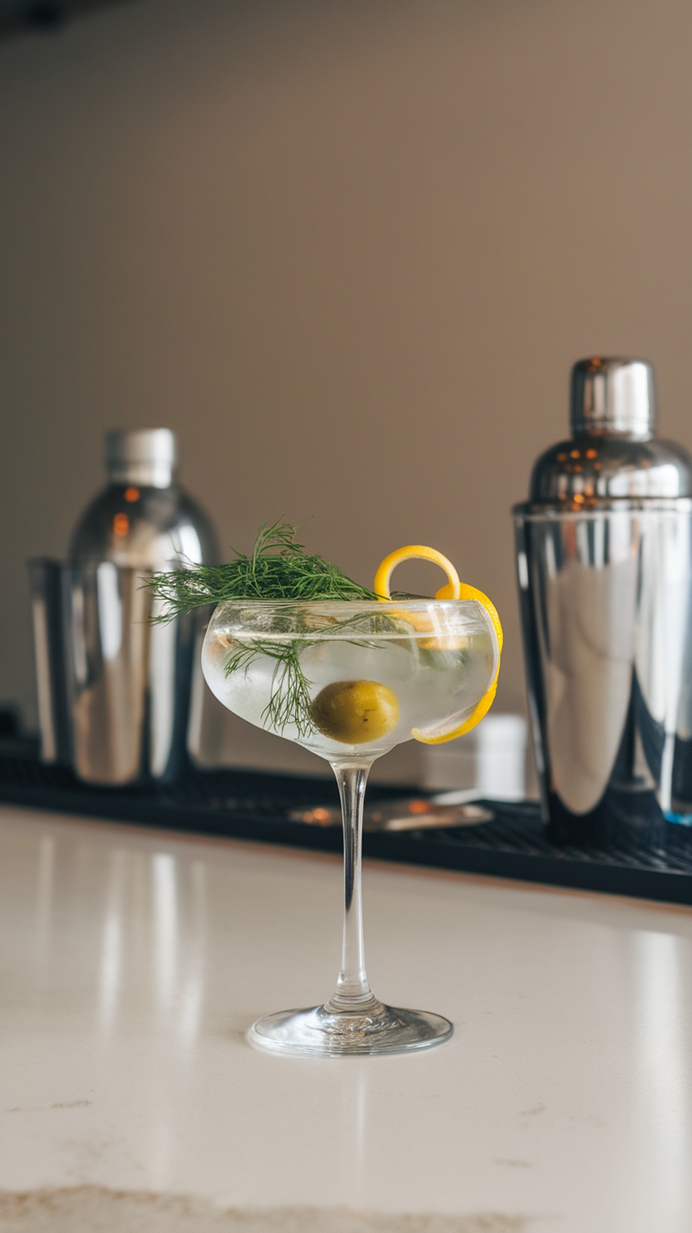 A Herbed Pickle Martini garnished with fresh dill and olives in a stylish glass, with cocktail shakers in the background.