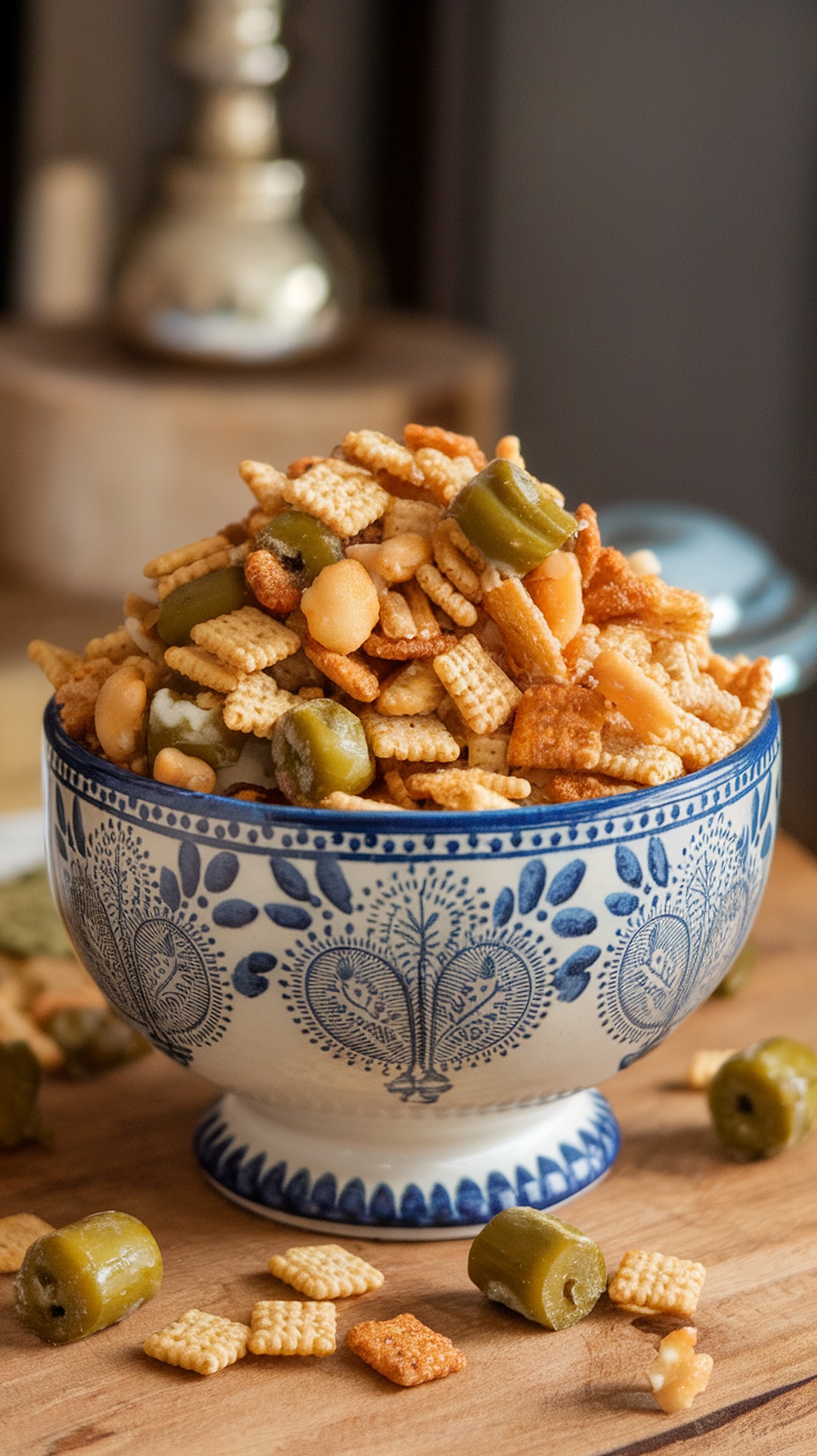 A bowl of Maple Dill Pickle Chex Mix with green pickle pieces and crunchy cereal.