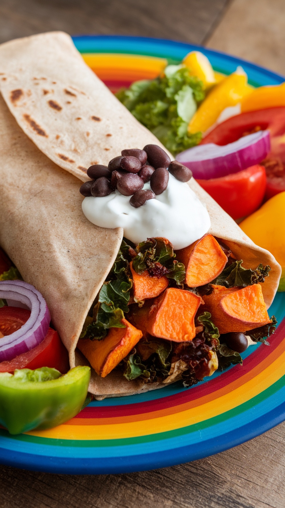 A delicious Sweet Potato and Kale Breakfast Wrap on a colorful plate with fresh vegetables.