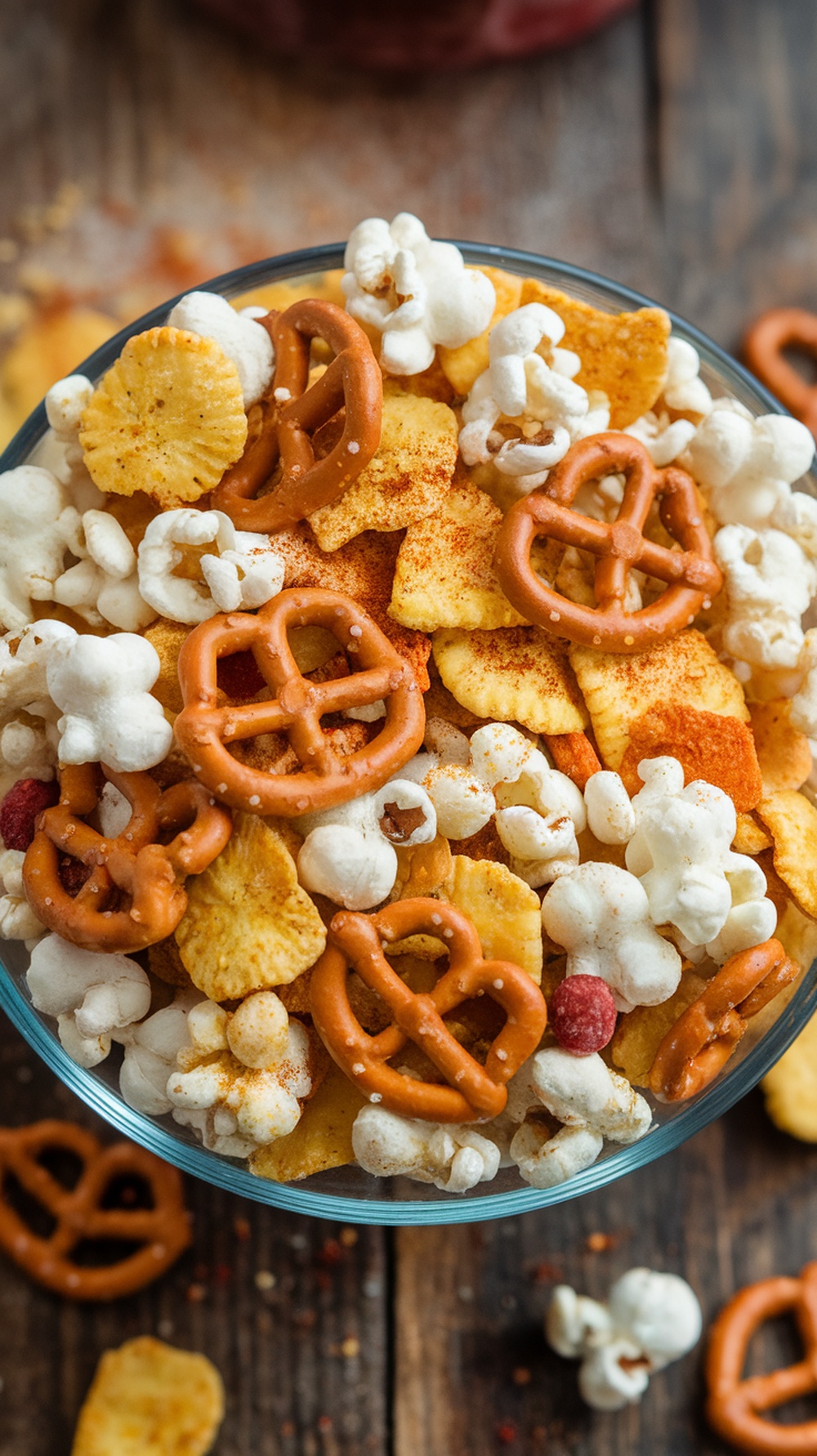 A bowl of Spicy Dill Pickle Chex Mix with pretzels, popcorn, and seasoning.