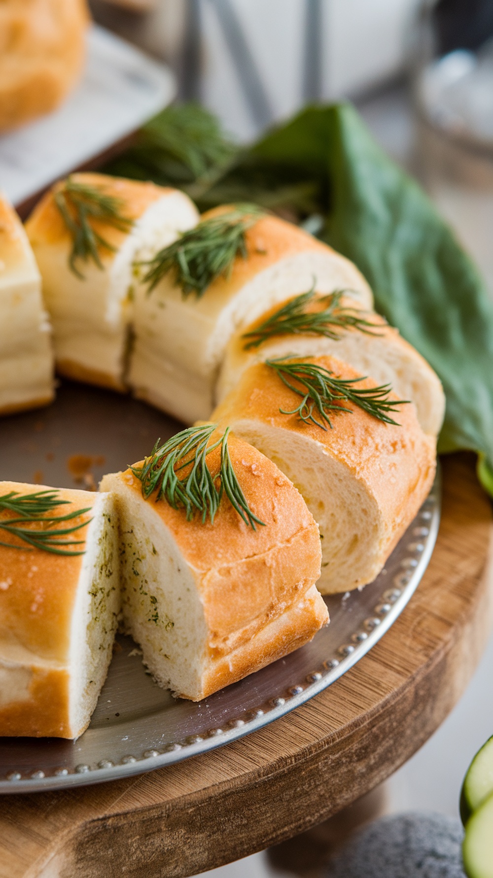 Cream cheese and dill pickle rolls on a wooden platter