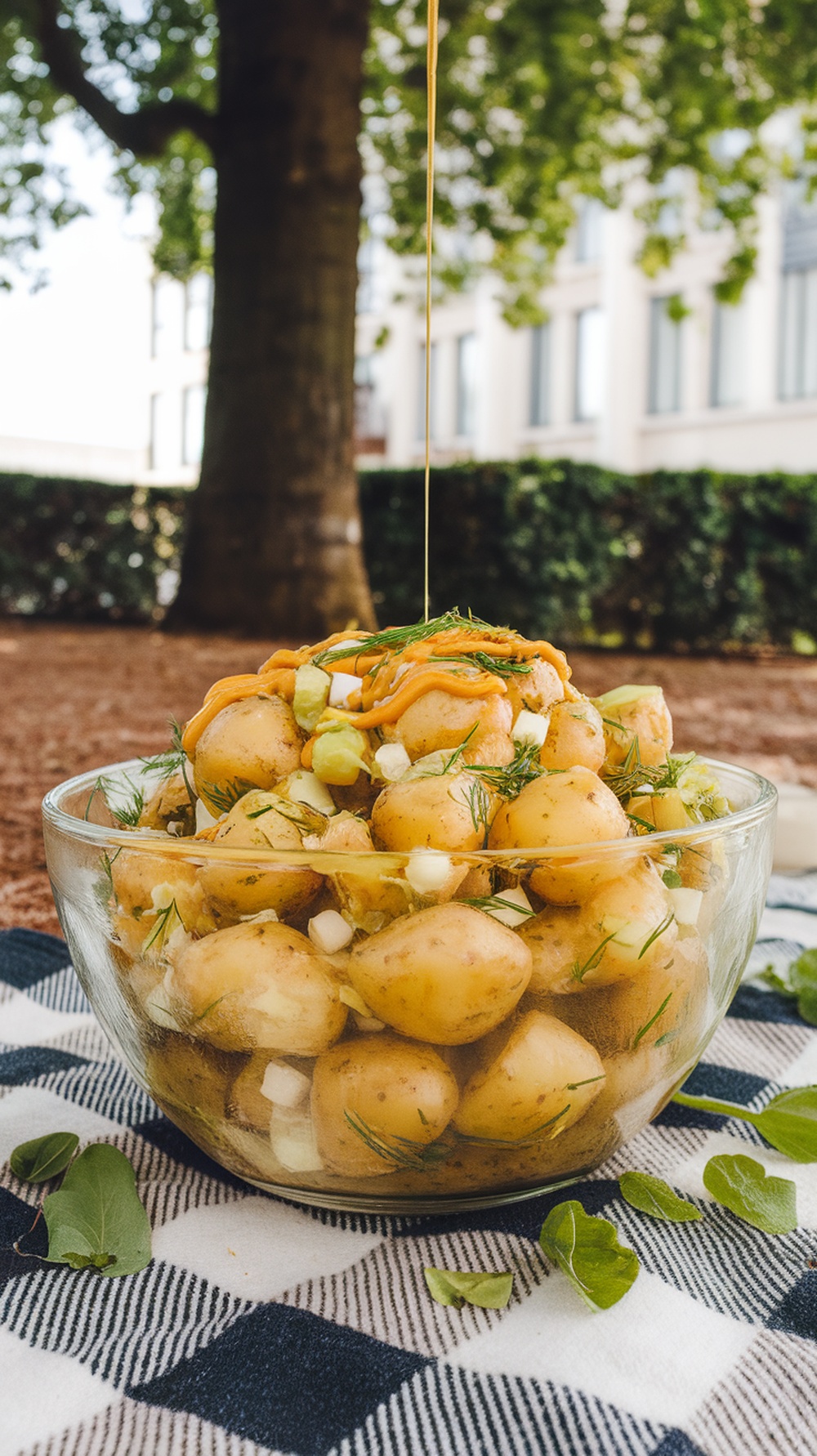 A bowl of Tangy Mustard Dill Potato Salad with baby potatoes, mustard dressing, and fresh dill, set outdoors under a tree.