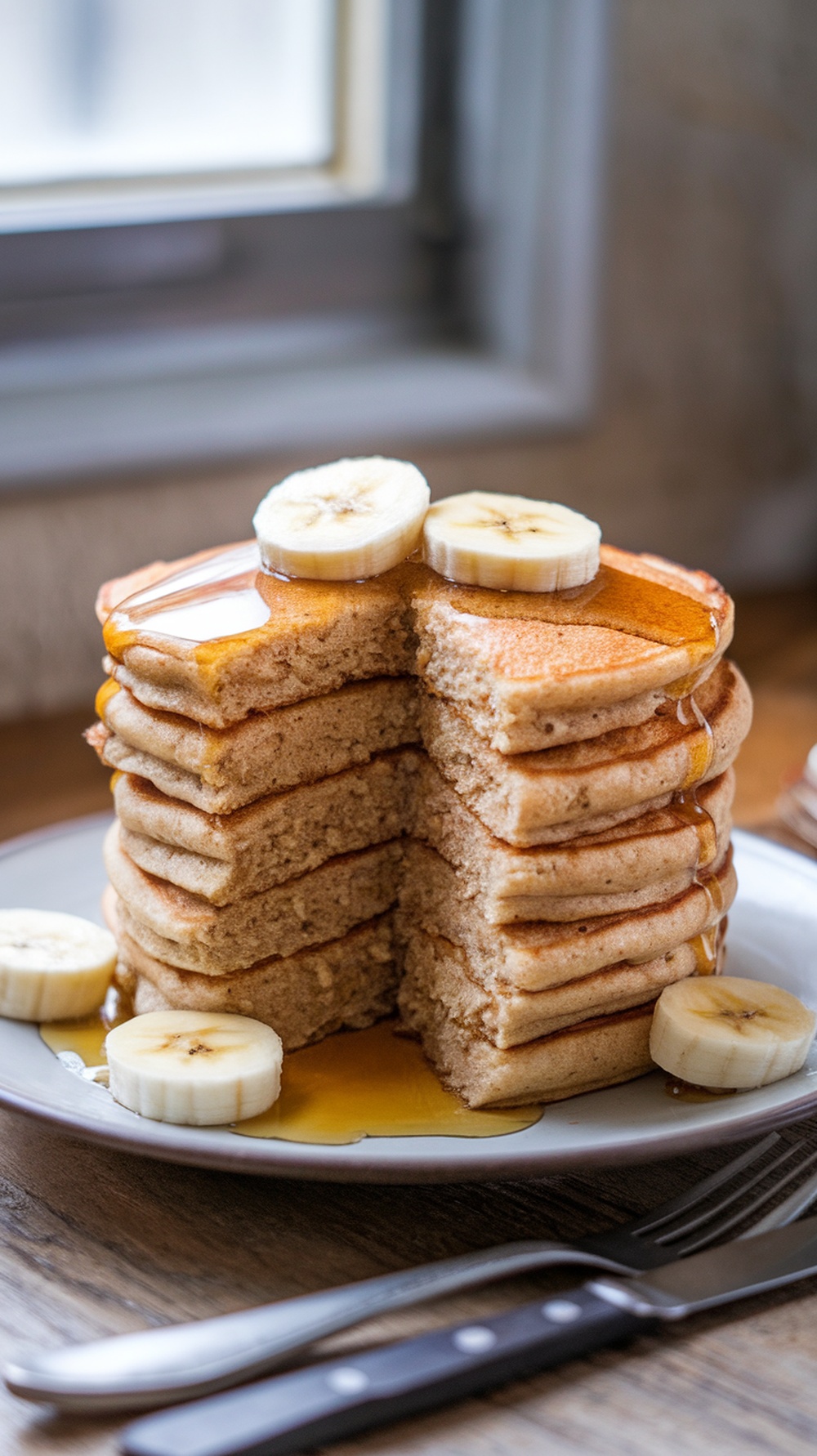 A stack of whole grain banana pancakes topped with banana slices and syrup