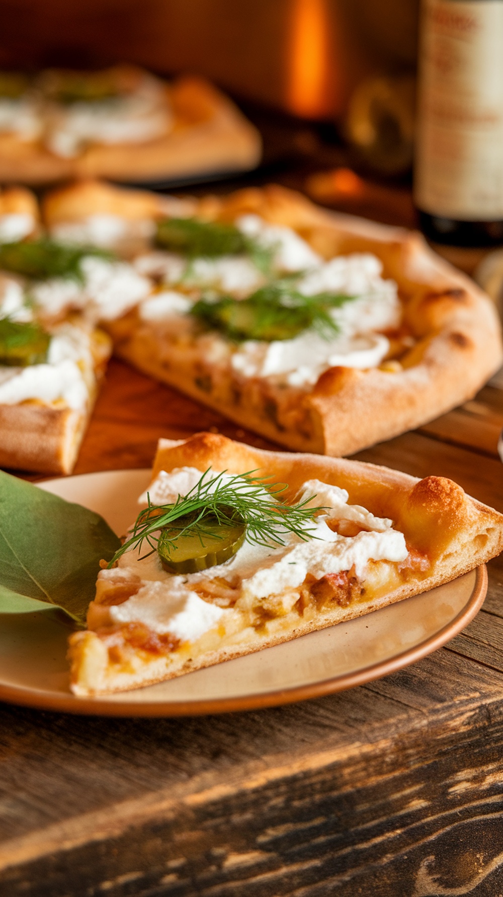 A slice of Dill Pickle and Cream Cheese Delight pizza topped with cream cheese and dill, with pickles and a crispy crust.