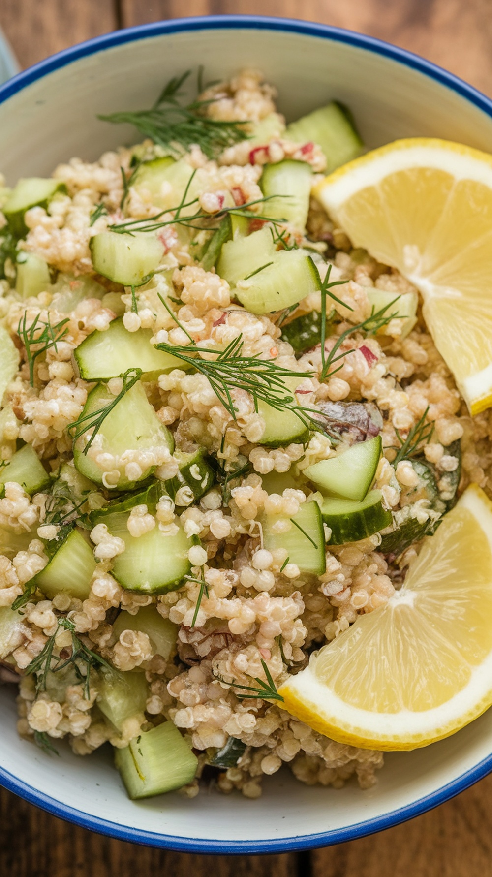 A bowl of Dill Pickle Quinoa Salad with cucumbers and lemon slices