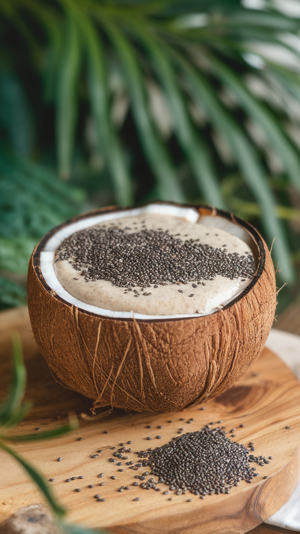 A coconut shell filled with a creamy smoothie topped with chia seeds, set against a backdrop of tropical leaves.