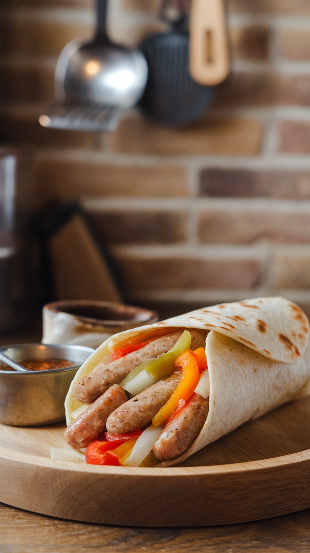 A delicious turkey sausage and veggie burrito on a wooden plate with salsa on the side.
