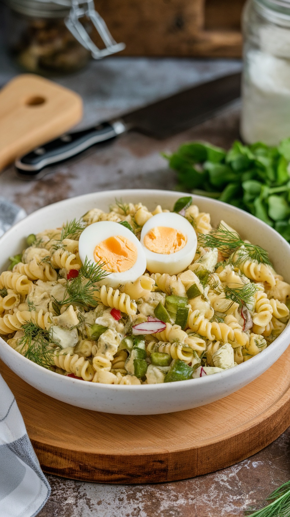 A bowl of Dill Pickle Pasta Salad with hard-boiled eggs and fresh herbs