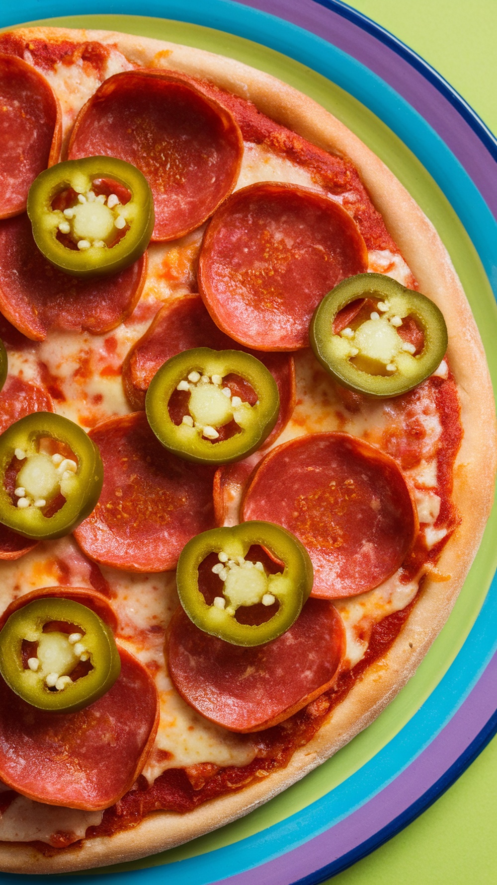 A pizza topped with pepperoni and jalapeño slices on a colorful plate.