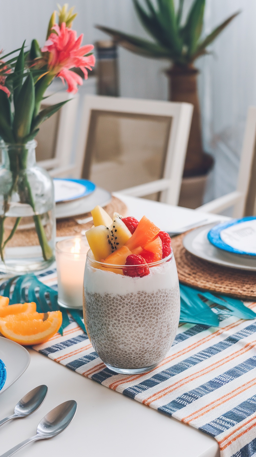A glass of chia seed pudding topped with fresh fruits, placed on a colorful table setting.