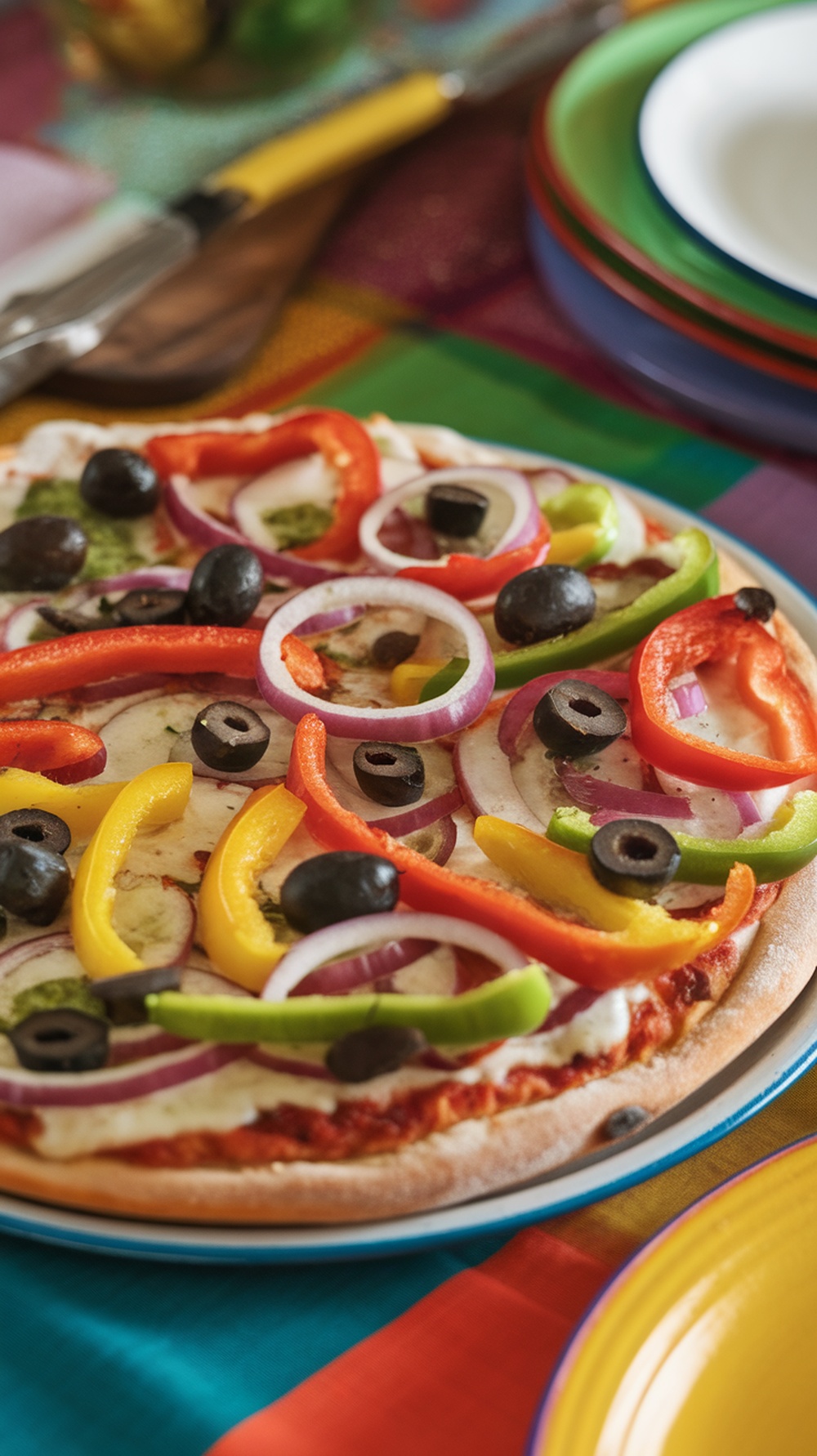 A colorful vegetarian pizza topped with bell peppers, red onions, black olives, and dill pickles.