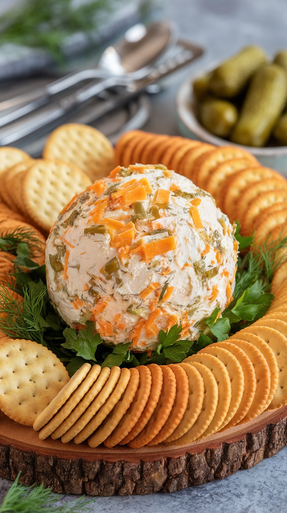 A classic dill pickle cheese ball surrounded by crackers and garnished with herbs.