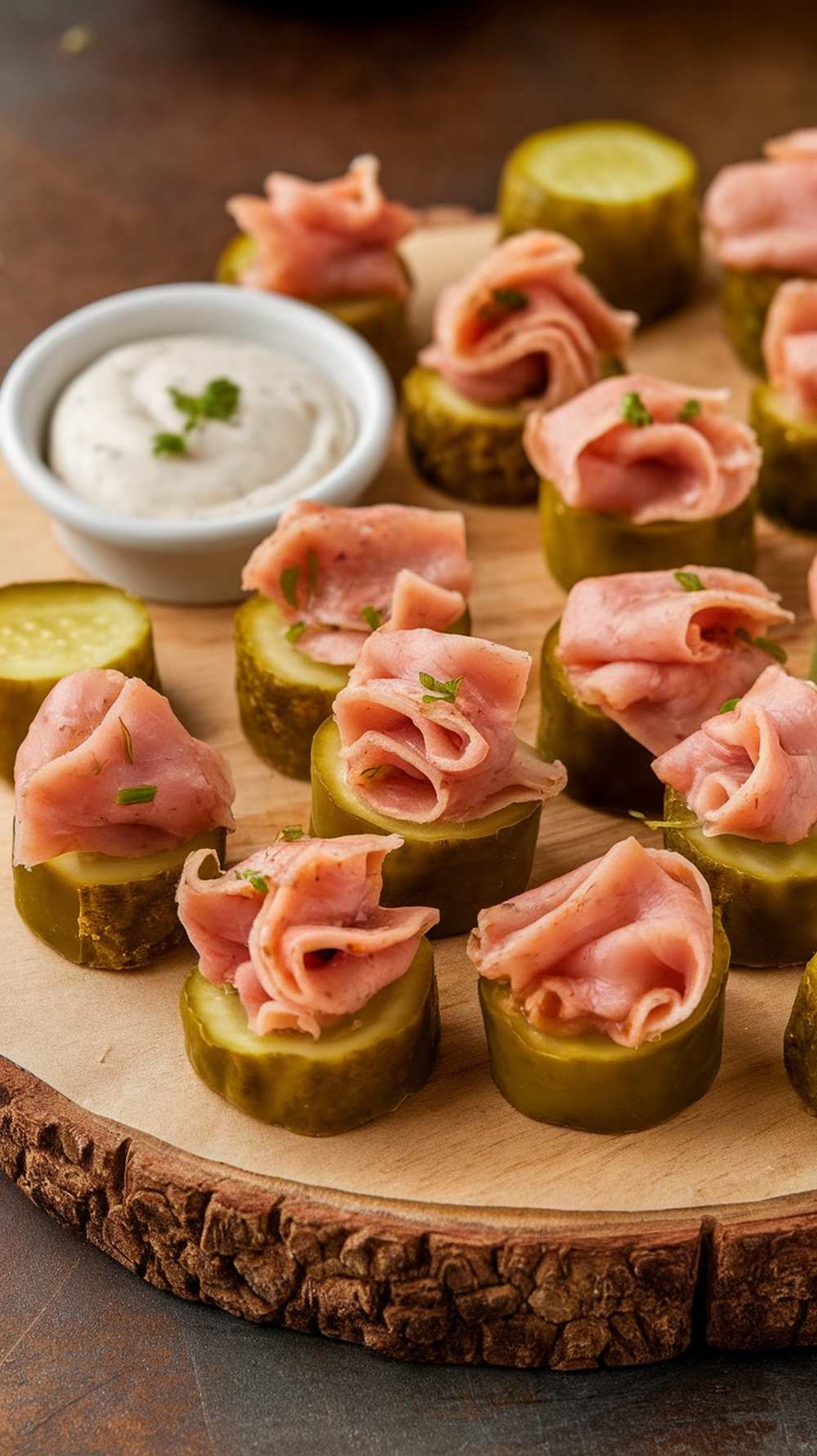 Turkey and cheddar pickle bites arranged on a wooden platter with a creamy dip