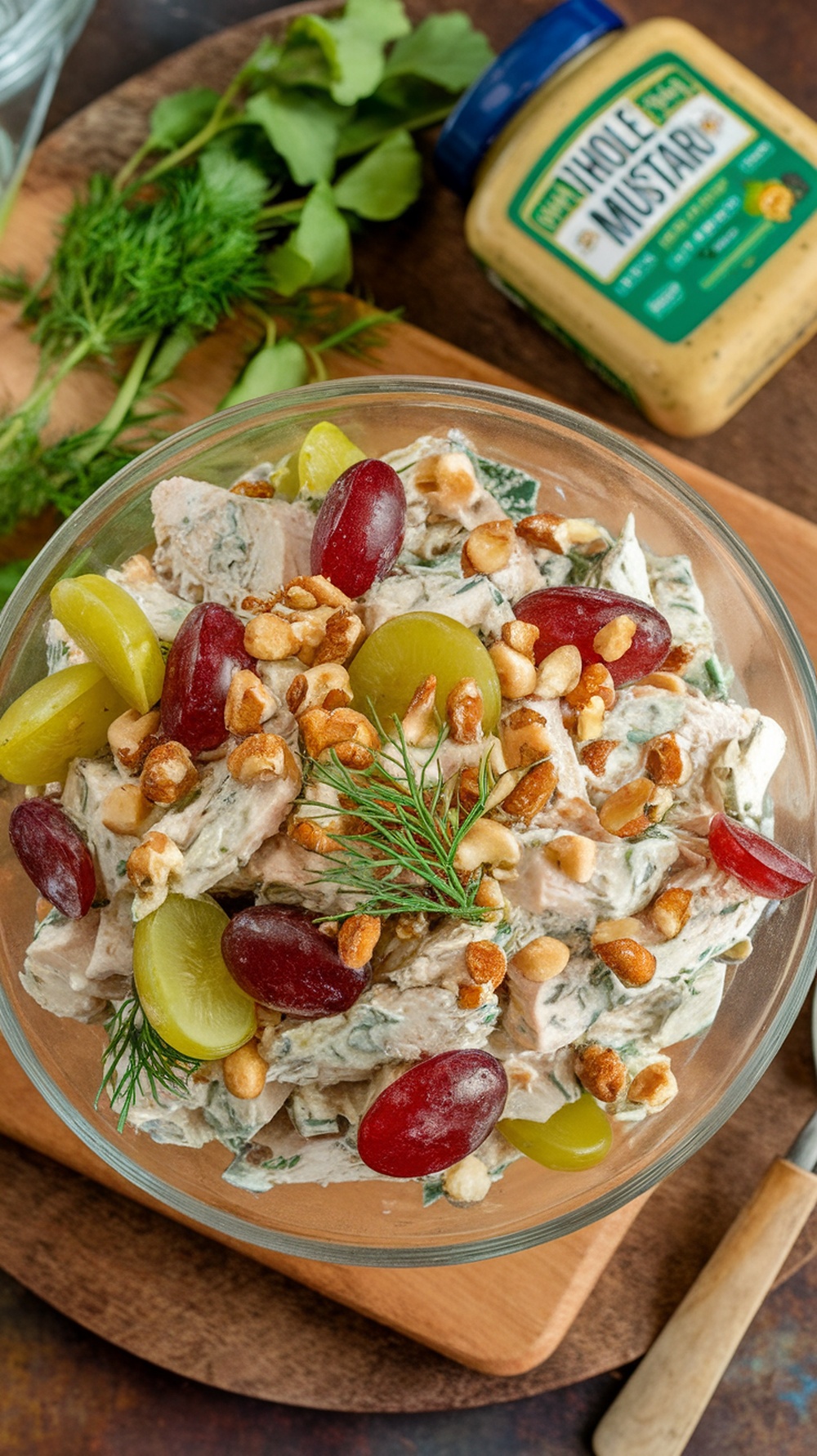 A bowl of Dill Pickle Chicken Salad with grapes and nuts, garnished with fresh dill.