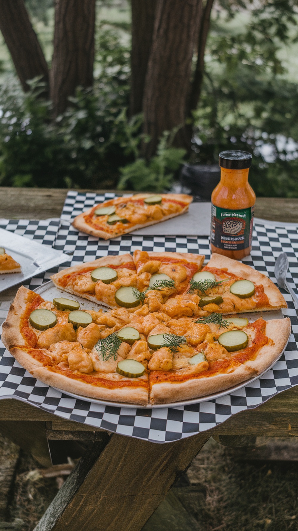 A delicious Buffalo Dill Pickle Chicken Pizza topped with crispy chicken, dill pickles, and buffalo sauce.