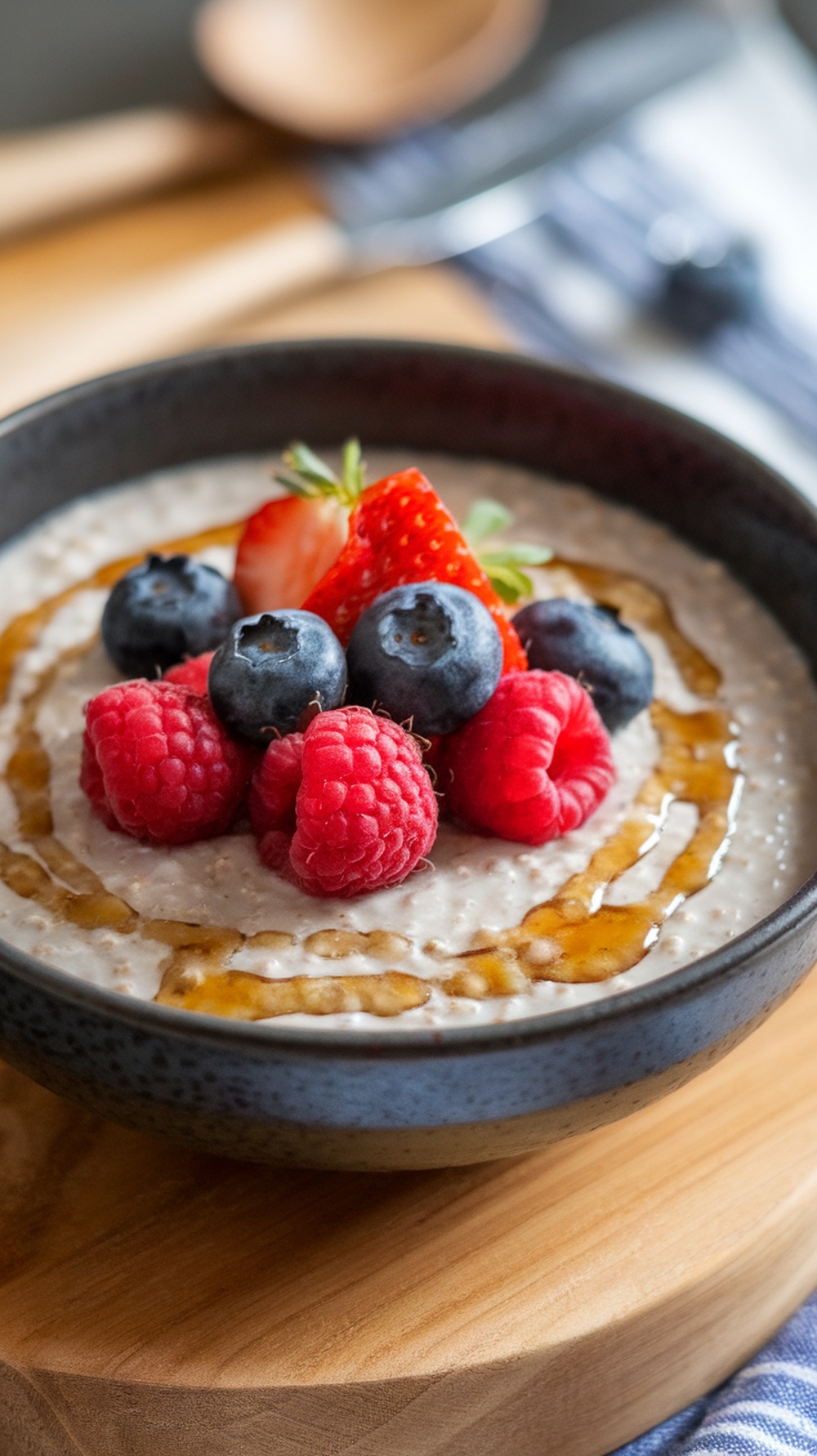 A bowl of buckwheat porridge topped with fresh berries and maple syrup