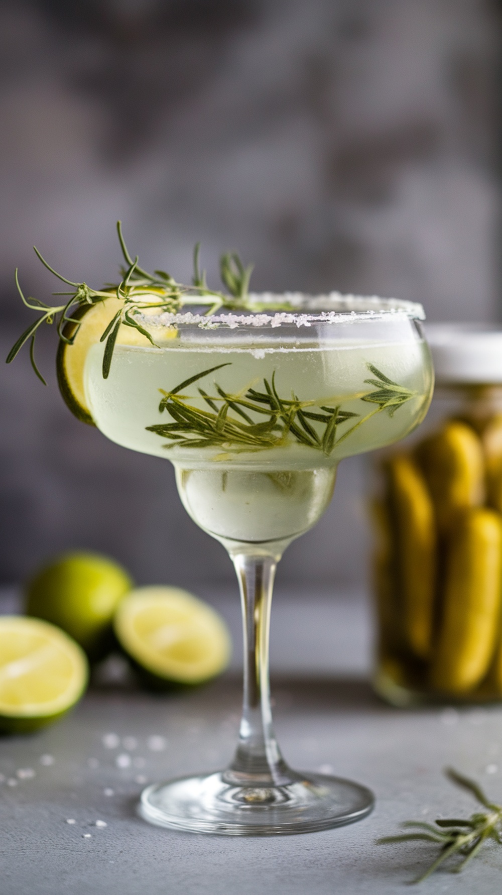 A Herbed Pickle Margarita garnished with rosemary and lime, served in a margarita glass.