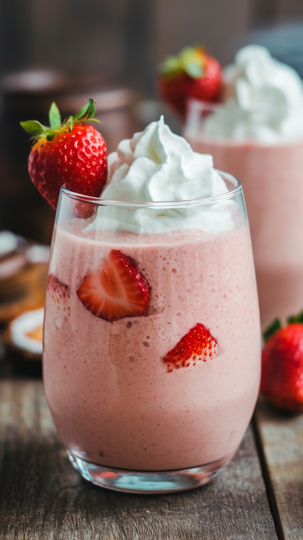 A refreshing strawberry coconut water smoothie topped with whipped cream and fresh strawberries.