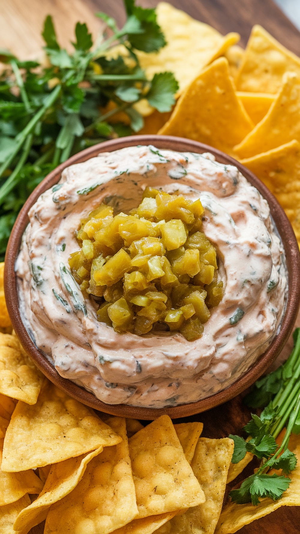 A bowl of sweet pickle relish dip topped with relish, surrounded by tortilla chips and fresh cilantro.